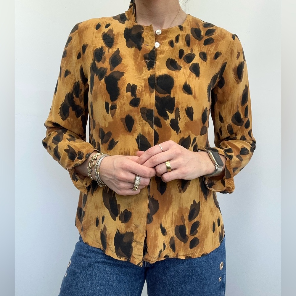 Vintage 90's Leopard Print Doe Print Brown 100% Silk Lightweight Button Front S